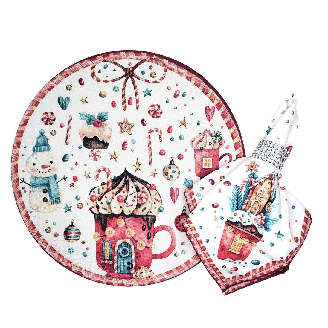 Conjunto com 4 Capas de Sousplat Redondo de Natal Tema Doces 35cm Diâmetro em Tecido Sintético - Branco