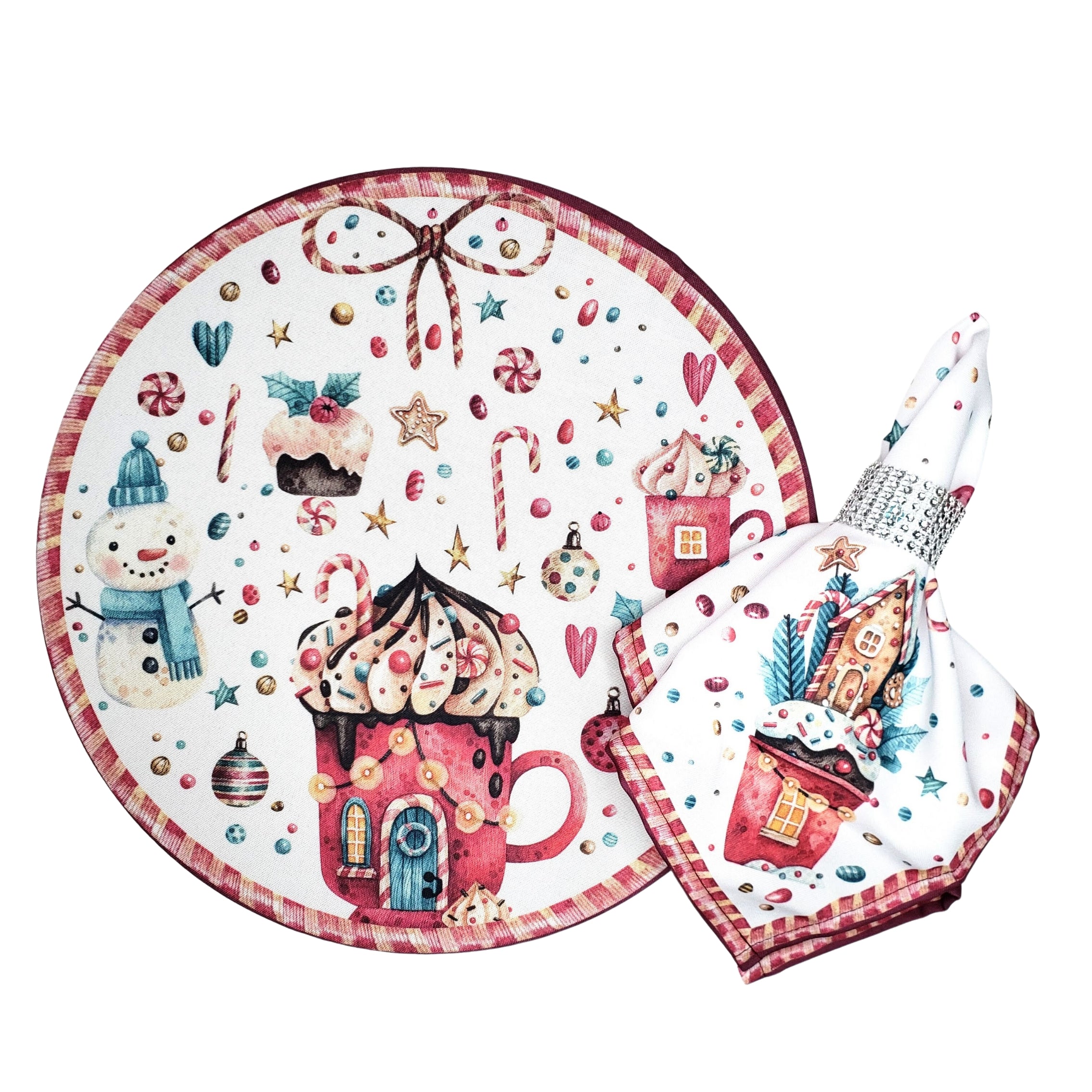 Conjunto com 4 Capas de Sousplat Redondo de Natal Tema Doces 35cm Diâmetro em Tecido Sintético - Branco