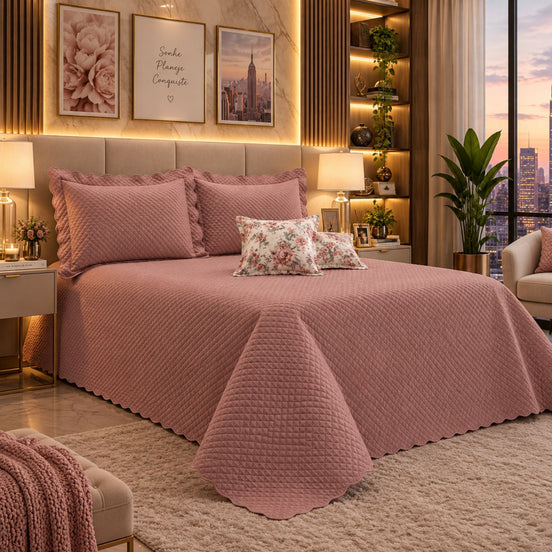 Maison Charlo Soft Florence Reversible Queen Bedspread Set – Dusty Rose – 5 Pieces