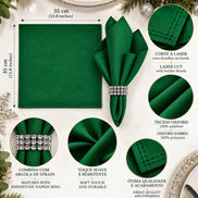 Maison Charlo Set of 4 Green Basic Cloth Napkins 16 × 16 in with Silver Stretchable Napkin Rings