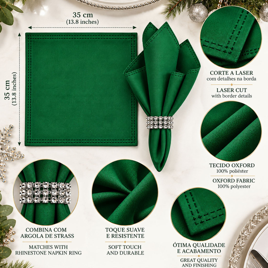 Maison Charlo Set of 4 Green Basic Cloth Napkins 16 × 16 in with Silver Stretchable Napkin Rings