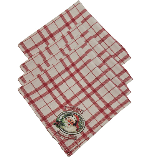 Charlo's Christmas Cloth Napkins Set of 4 Plaid Santa Claus Beige Red 16" by 16"