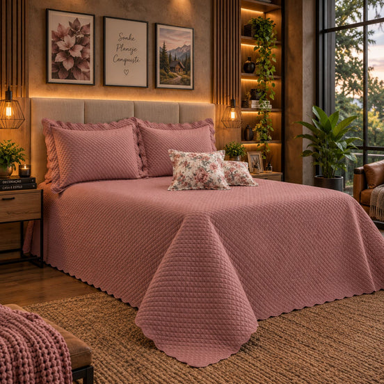 Maison Charlo Soft Florence Reversible Full/Double Bedspread Set – Dusty Rose – 5 Pieces