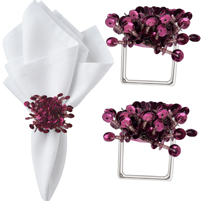 Maison Charlo Set of 2 Pink Flower Noir Sequin Napkin Rings