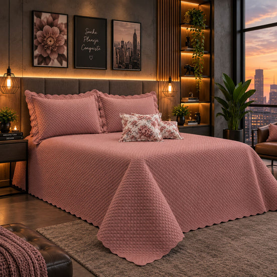 Maison Charlo Soft Florence Reversible Full/Double Bedspread Set – Dusty Rose – 5 Pieces