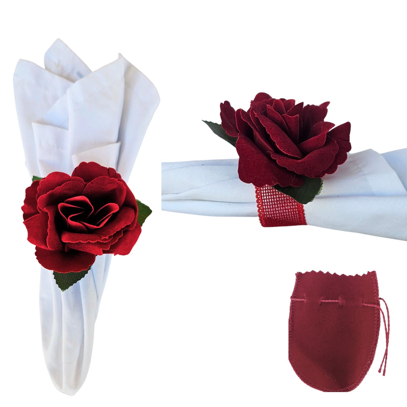 Anéis de guardanapo Maison Charlo, conjunto com 6, em formato de botões de rosa vermelha colombiana, para decoração de mesa de jantar