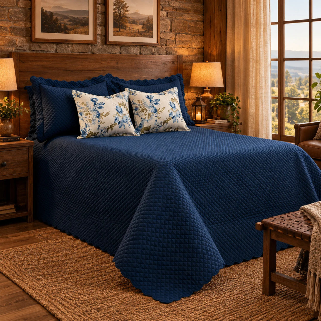 Maison Charlo Soft Florence Reversible Queen Bedspread Set – Blue – 5 Pieces