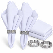 Maison Charlo Set of 4 White Basic Cloth Napkins 16 × 16 in with Silver Stretchable Napkin Rings