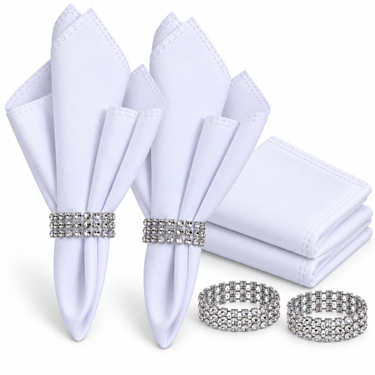 Maison Charlo Set of 4 White Basic Cloth Napkins 16 × 16 in with Silver Stretchable Napkin Rings