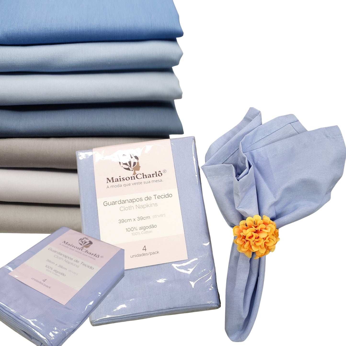 Charlo's Set of 4 Blue 100% Solid Cotton Cloth Napkins 15" by 15"