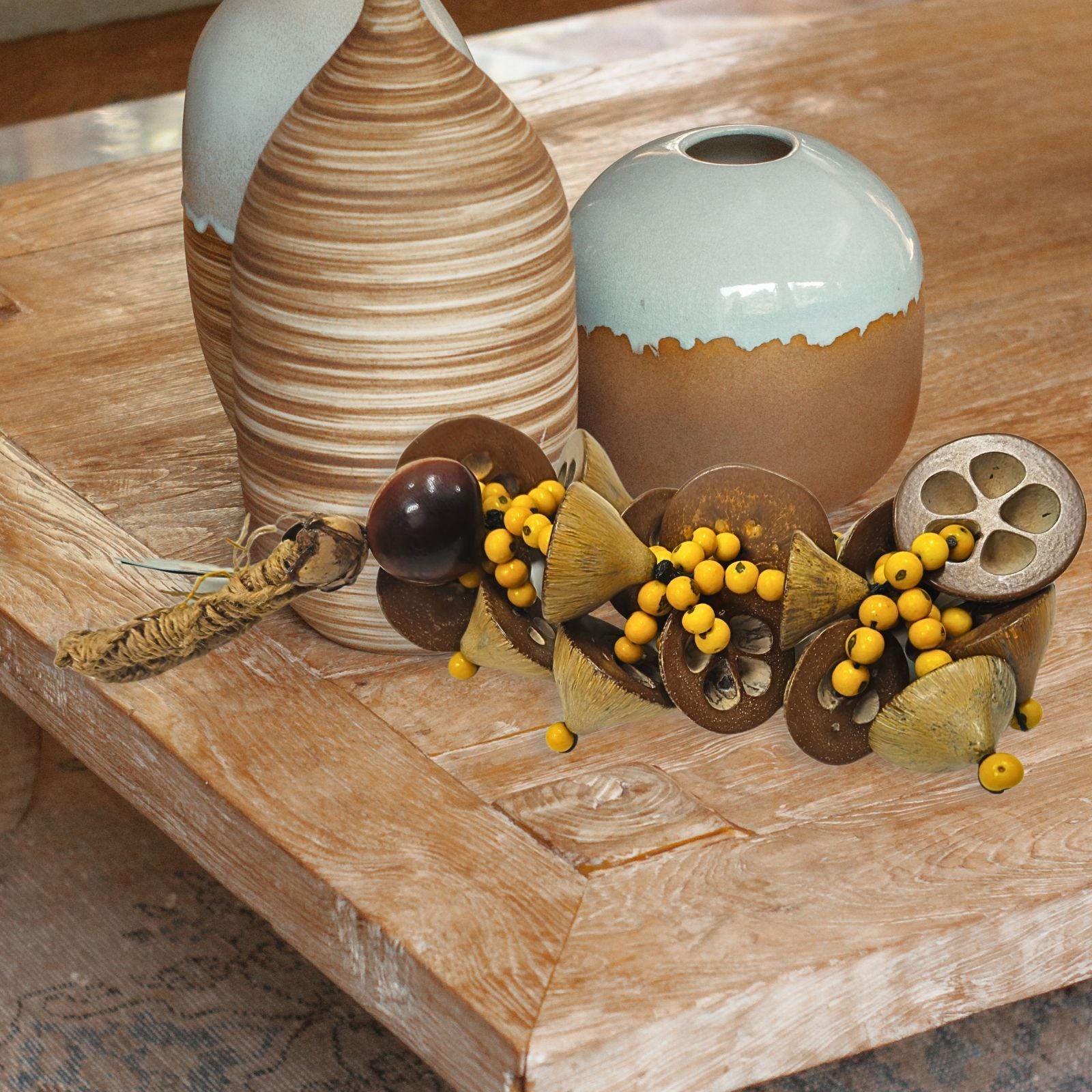 BIOJoias Decoração de Mesa Boho Moderna buquê de Babaçu Colar Decorativo de Mesa Decoração Sustentável Feita à Mão para Sala de Estar, Quarto, Entrada