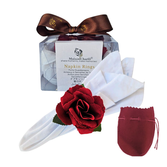 Anéis de guardanapo Maison Charlo, conjunto com 6, em formato de botões de rosa vermelha colombiana, para decoração de mesa de jantar