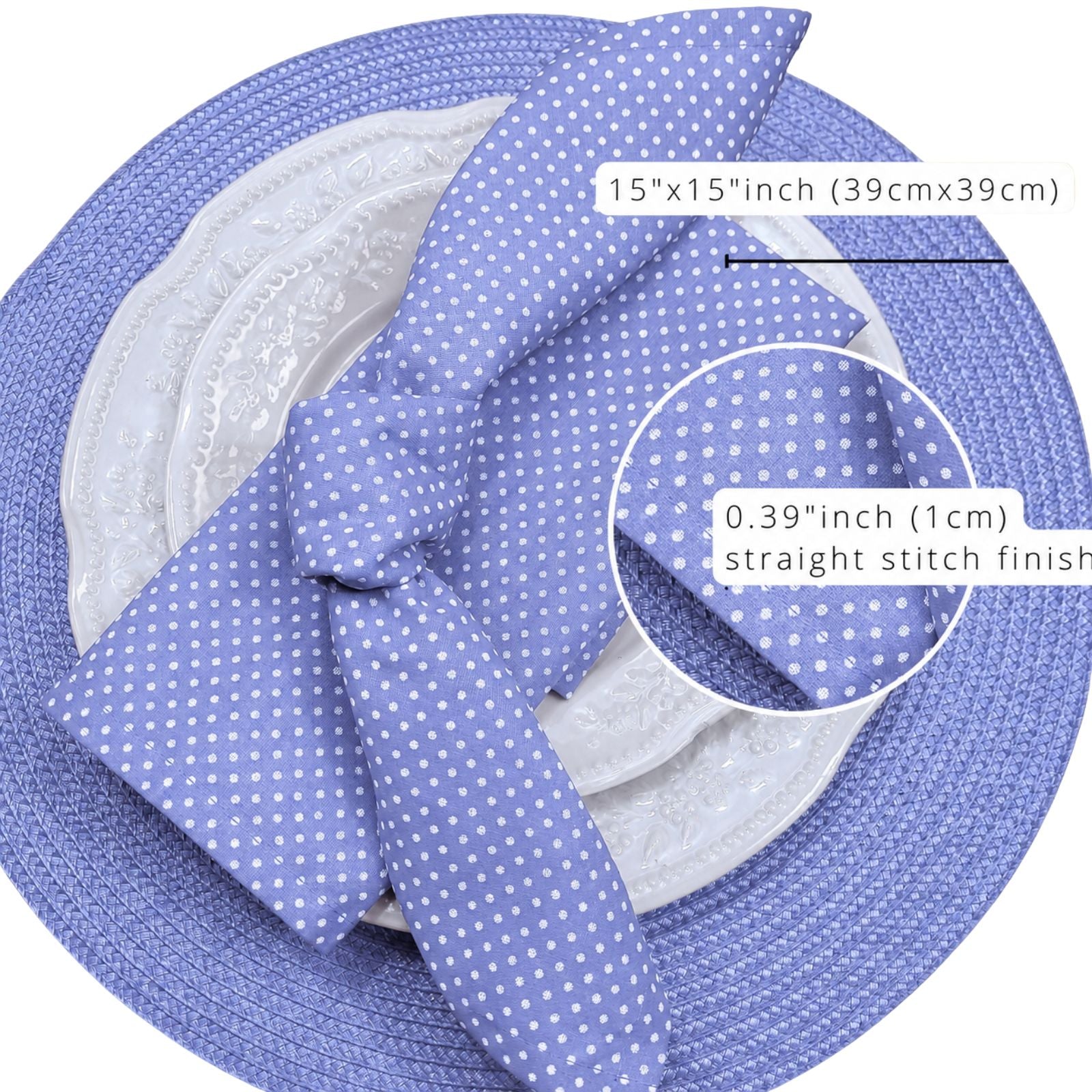 Charlo's Set of 4 Blue Polka Dot 100% Cotton Cloth Napkins 15