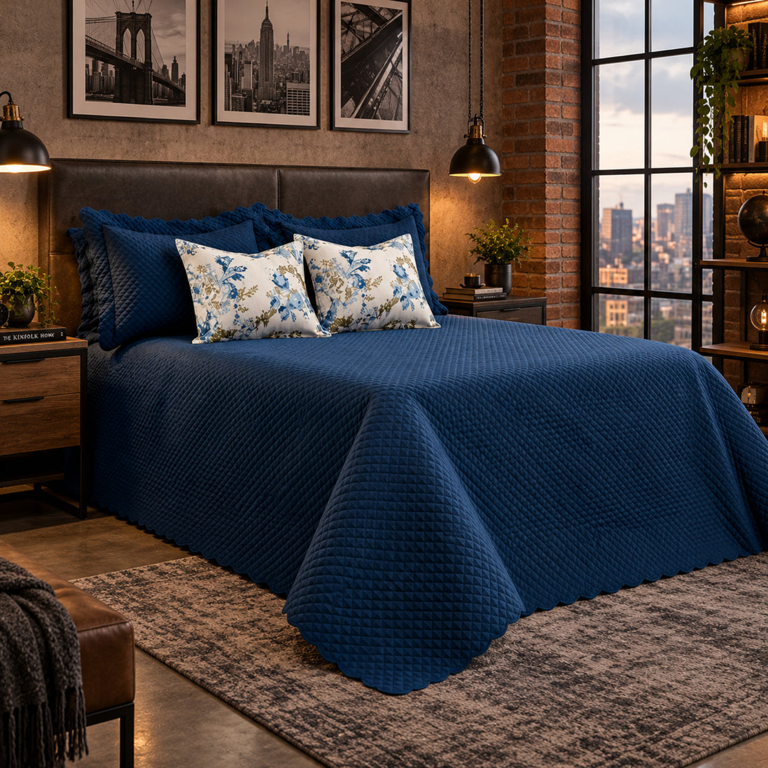 Maison Charlo Soft Florence Reversible Queen Bedspread Set – Blue – 5 Pieces