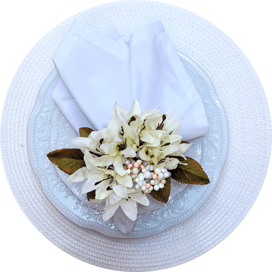 Maison Charlo Set of 4 Off White Lilies Flower Celebration Napkin Rings