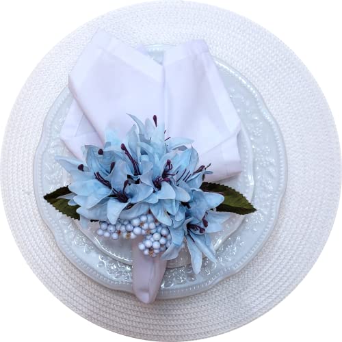 Maison Charlo Set of 4 Ice Blue Lilies Flower Celebration Napkin Rings