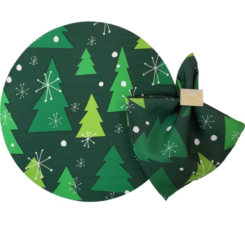 Conjunto de 4 capas para jogo americano redondas, em tecido, Estampa Árvore de Natal Verde, 35,5 cm de diâmetro | Verde