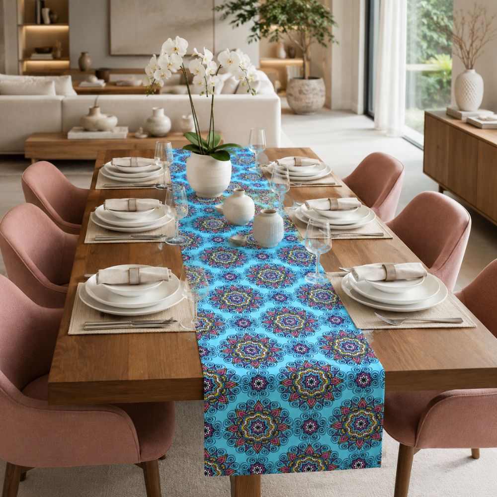 Charlo's Cotton Mandala Table Runner Blue 18" x 59"