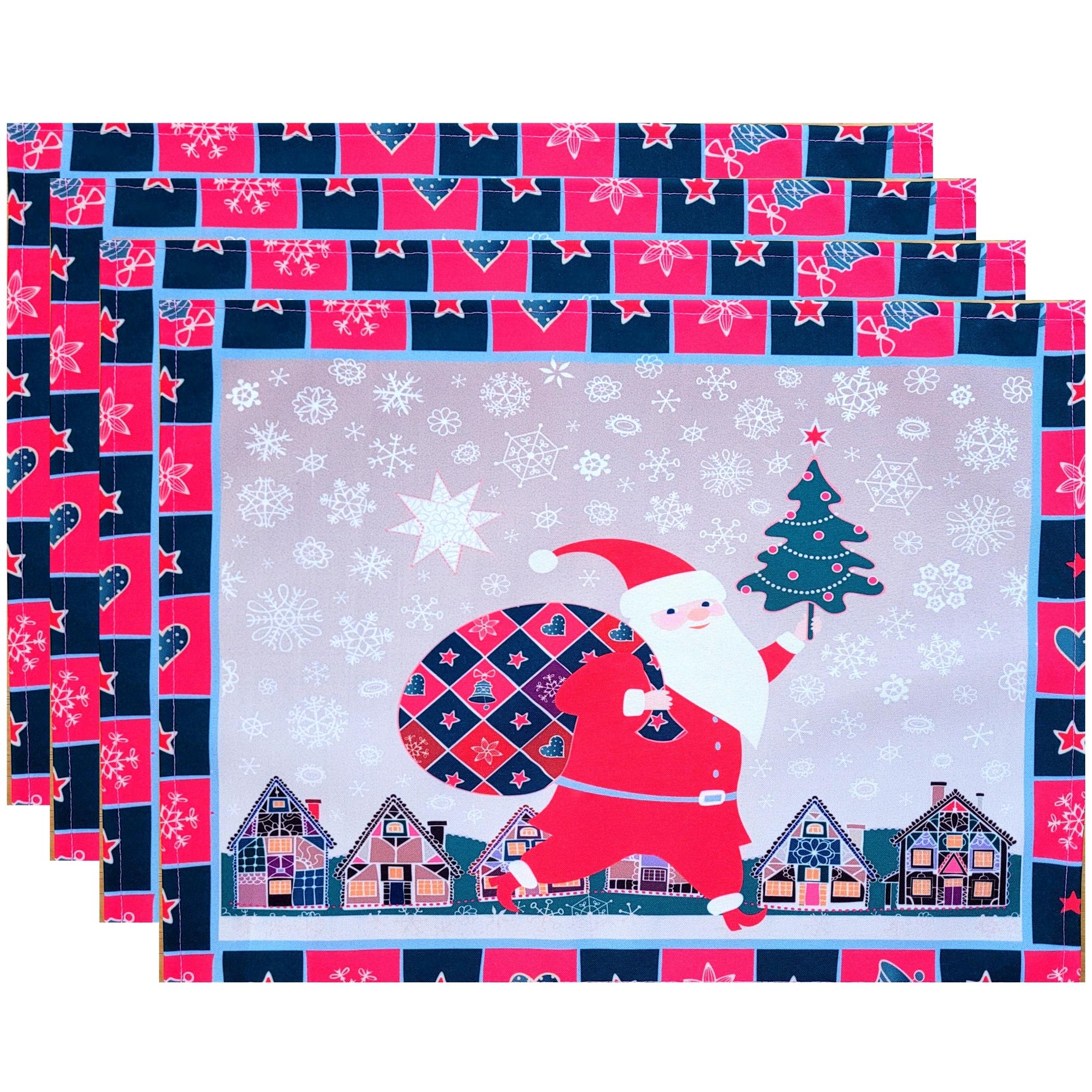 Set of 4 Placemats Beige Santa Claus with Gift Bag Cloth Waterproof 17