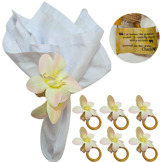 Charlo's White Magnolia Flower Message Napkin Rings Good Vibes Funny for Party Wedding Dinner Table Decor