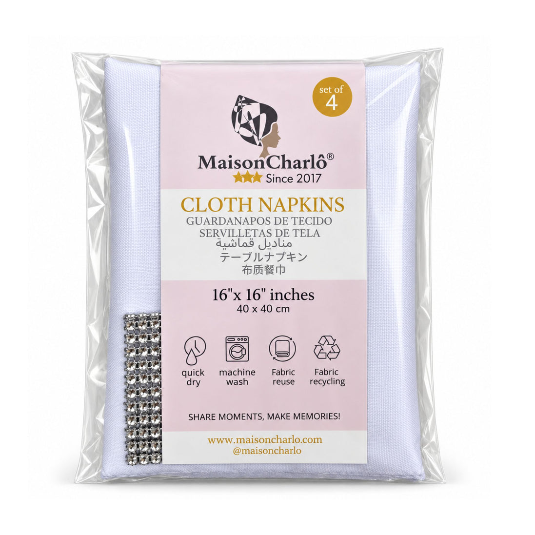 Maison Charlo Set of 4 White Basic Cloth Napkins 16 × 16 in with Silver Stretchable Napkin Rings