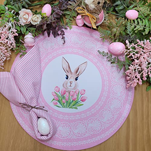 Conjunto de 4 Capas Sintéticas de Páscoa para Jogos Americanos Redondos 35,5 cm Diâmetro Borda Rosa