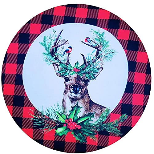 Set of 4 Round Placemats Covers Plaid Christmas Reindeer Cloth 14