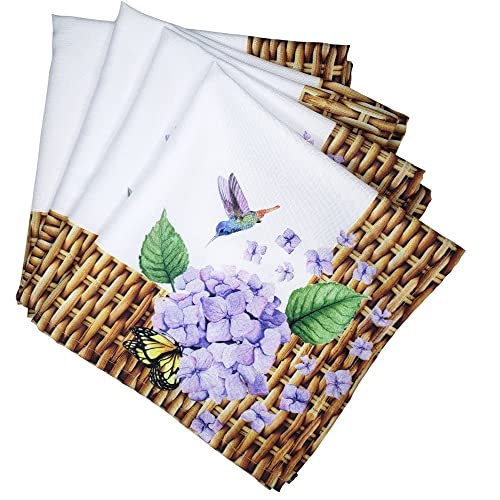 Charlo's Cloth Napkins Set of 4 Hydrangeas Flower Bird 16" by 16" - Lilac