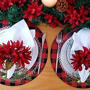 Set of 4 Round Placemats Covers Plaid Christmas Reindeer Cloth 14