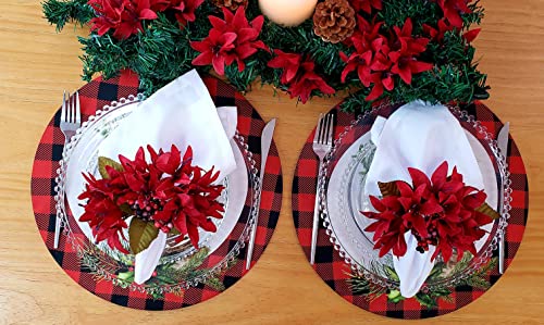 Set of 4 Round Placemats Covers Plaid Christmas Reindeer Cloth 14