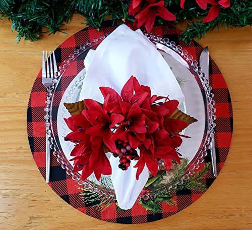 Set of 4 Round Placemats Covers Plaid Christmas Reindeer Cloth 14