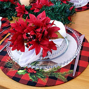 Set of 4 Round Placemats Covers Plaid Christmas Reindeer Cloth 14