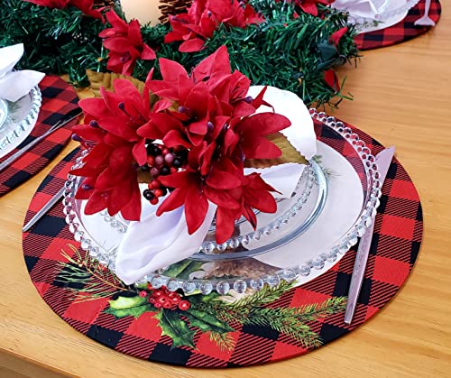 Set of 4 Round Placemats Covers Plaid Christmas Reindeer Cloth 14