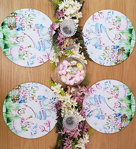 Conjunto de 4 Capas Sintéticas para Jogos Americanos Redondos Páscoa Feliz Jardim da Alegria 35 cm de diâmetro