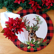 Set of 4 Round Placemats Covers Plaid Christmas Reindeer Cloth 14