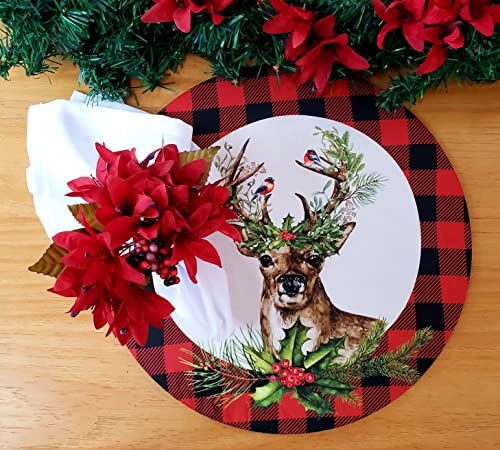 Set of 4 Round Placemats Covers Plaid Christmas Reindeer Cloth 14