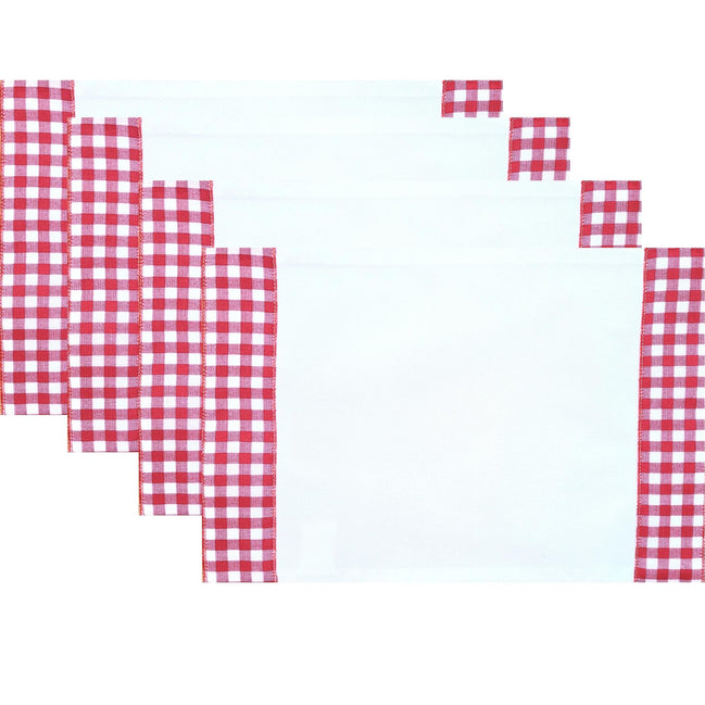 Conjunto com 4 Jogos Americanos de Sarja de Algodão Branca com Bordado Xadrez Vermelho 45x30cm
