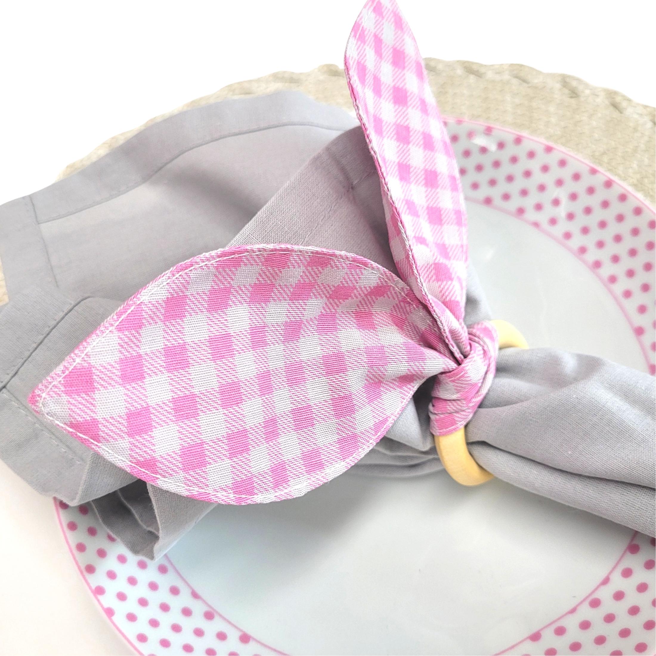 Maison Charlo | Easter Set of 4 Red Rose Plaid Bunny Ears Napkin Rings | Dining Table Decor