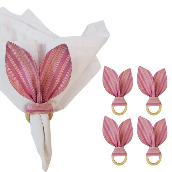 Maison Charlo | Anéis de Guardanapo Orelhas de Coelhinho Listrado Rosa - Conjunto de 4 unidades | Decoração de Mesa de Jantar de Páscoa