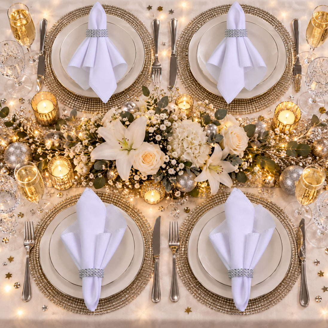 Maison Charlo Set of 4 White Basic Cloth Napkins 16 × 16 in with Silver Stretchable Napkin Rings
