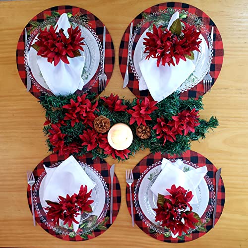 Set of 4 Round Placemats Covers Plaid Christmas Reindeer Cloth 14