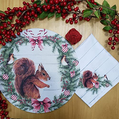 Conjunto de 4 capas de lugar-americano redondas Pano de Esquilo de Natal 35,5 cm diâmetro | Vermelho
