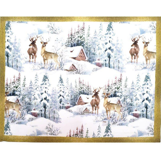 Set of 4 Placemats Christmas Reindeer Cloth Waterproof 17" by 13"  - Gold