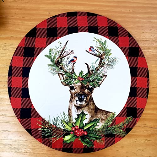 Set of 4 Round Placemats Covers Plaid Christmas Reindeer Cloth 14