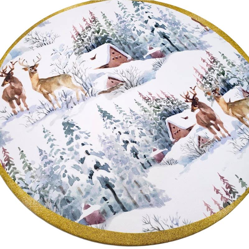 Jogo de 4 Capas Redondas para Jogo Americano, Estampa Rena de Natal, Tecido Sintético, 35,5 cm de Diâmetro | Vermelho