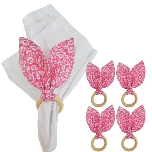 Maison Charlo | Easter Set of 4 Floral Pink White Bunny Ears Napkin Rings | Dining Table Decor
