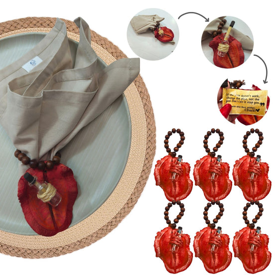 Conjunto BIOJoias com 6 anéis de guardanapo Jacarandá Vermelho Sementes da Gratidão, feitos à mão para mesa de jantar, festas