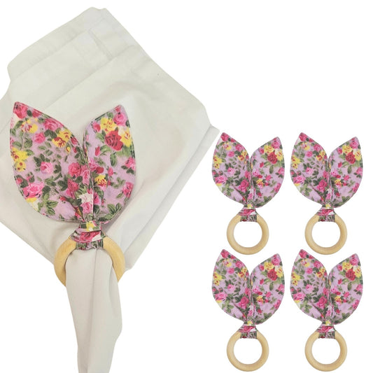 Maison Charlo | Easter Set of 4 Floral Mix Pink Bunny Ears Napkin Rings | Dining Table Decor