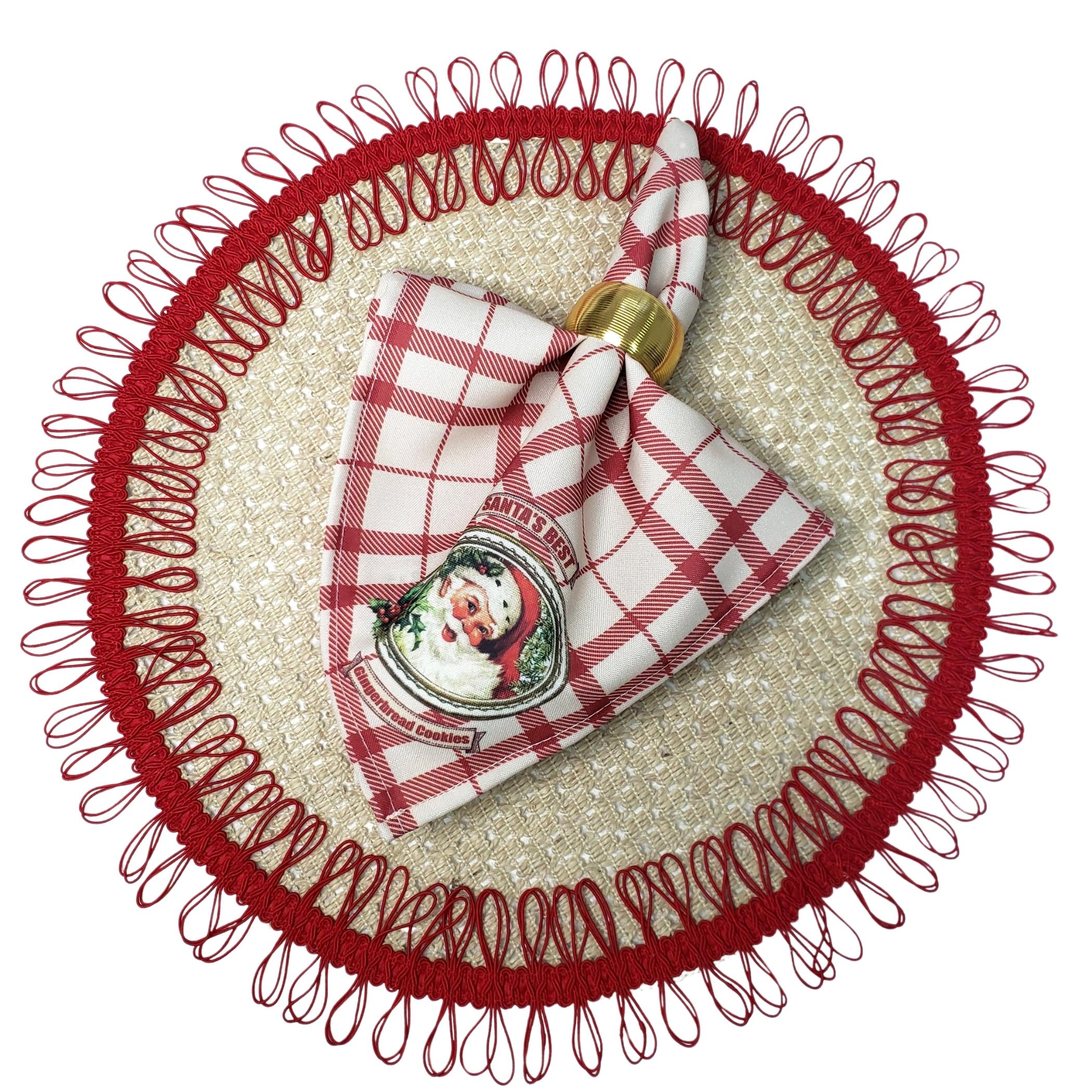 Charlo's Christmas Cloth Napkins Set of 4 Plaid Santa Claus Beige Red 16