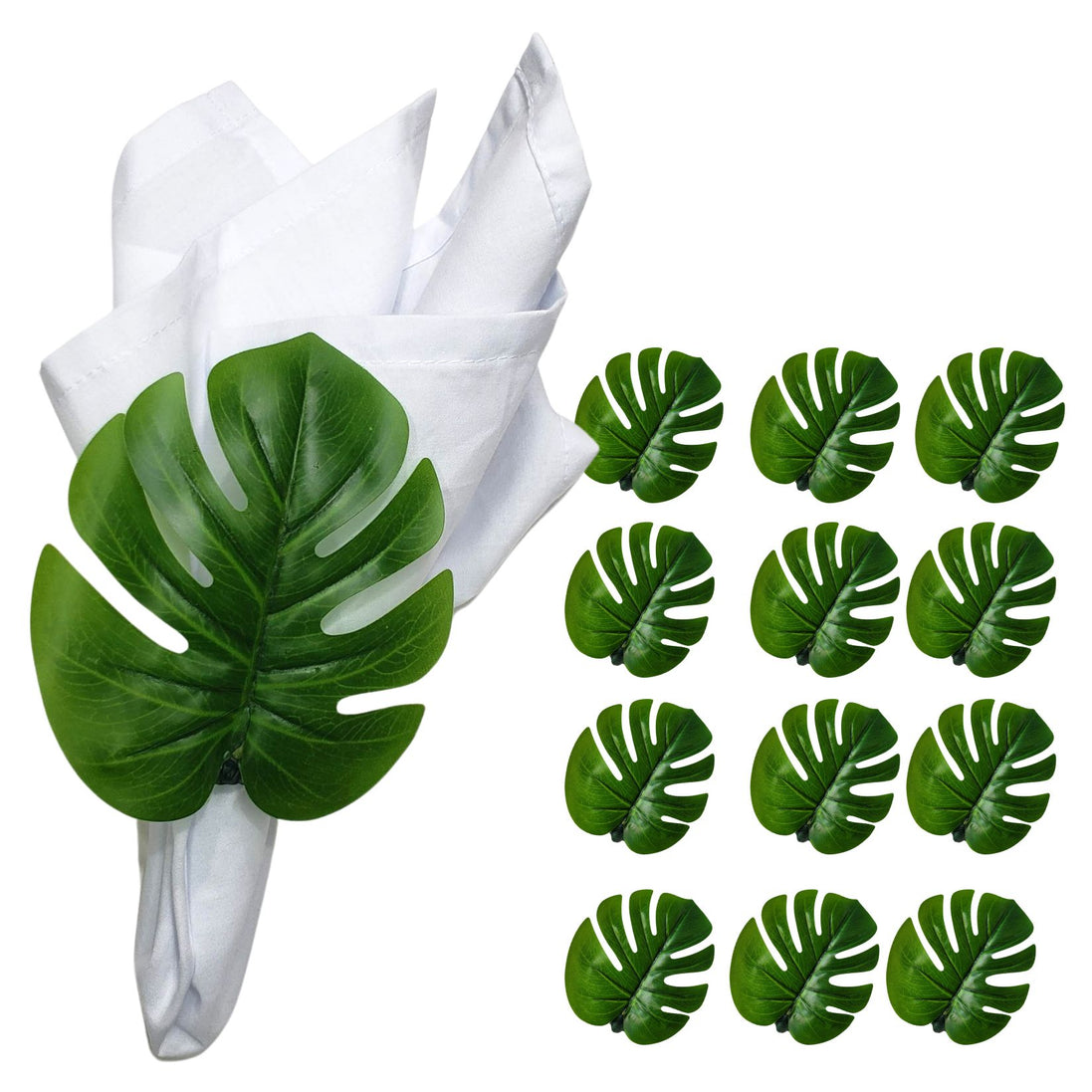 Charlo's Set 12 Green Monstera Leaf Tropical Napkin Rings Ecofriendly Pack for dining table decor